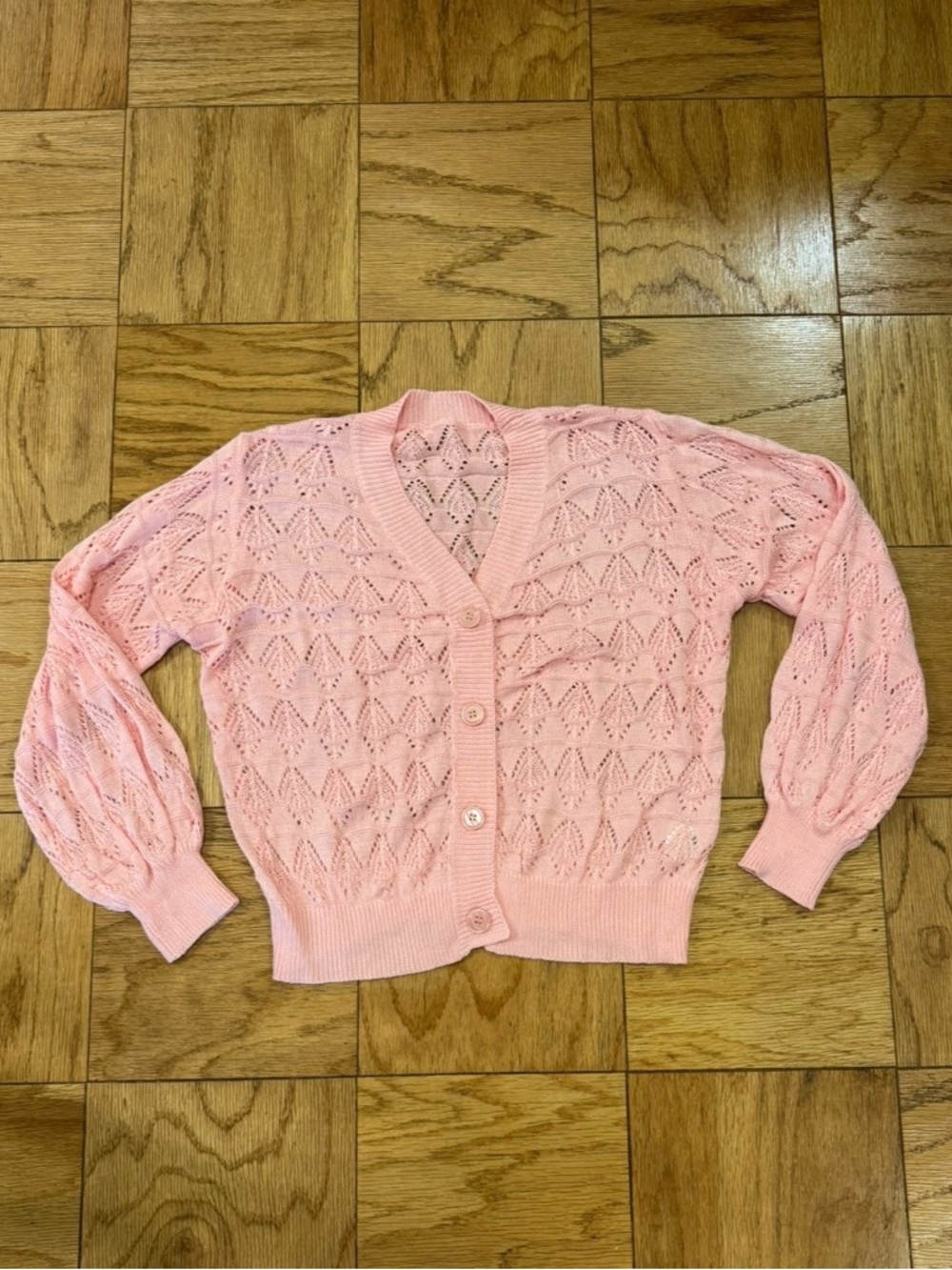 Pink Diamond Knit Cardigan with Bubble Sleeves